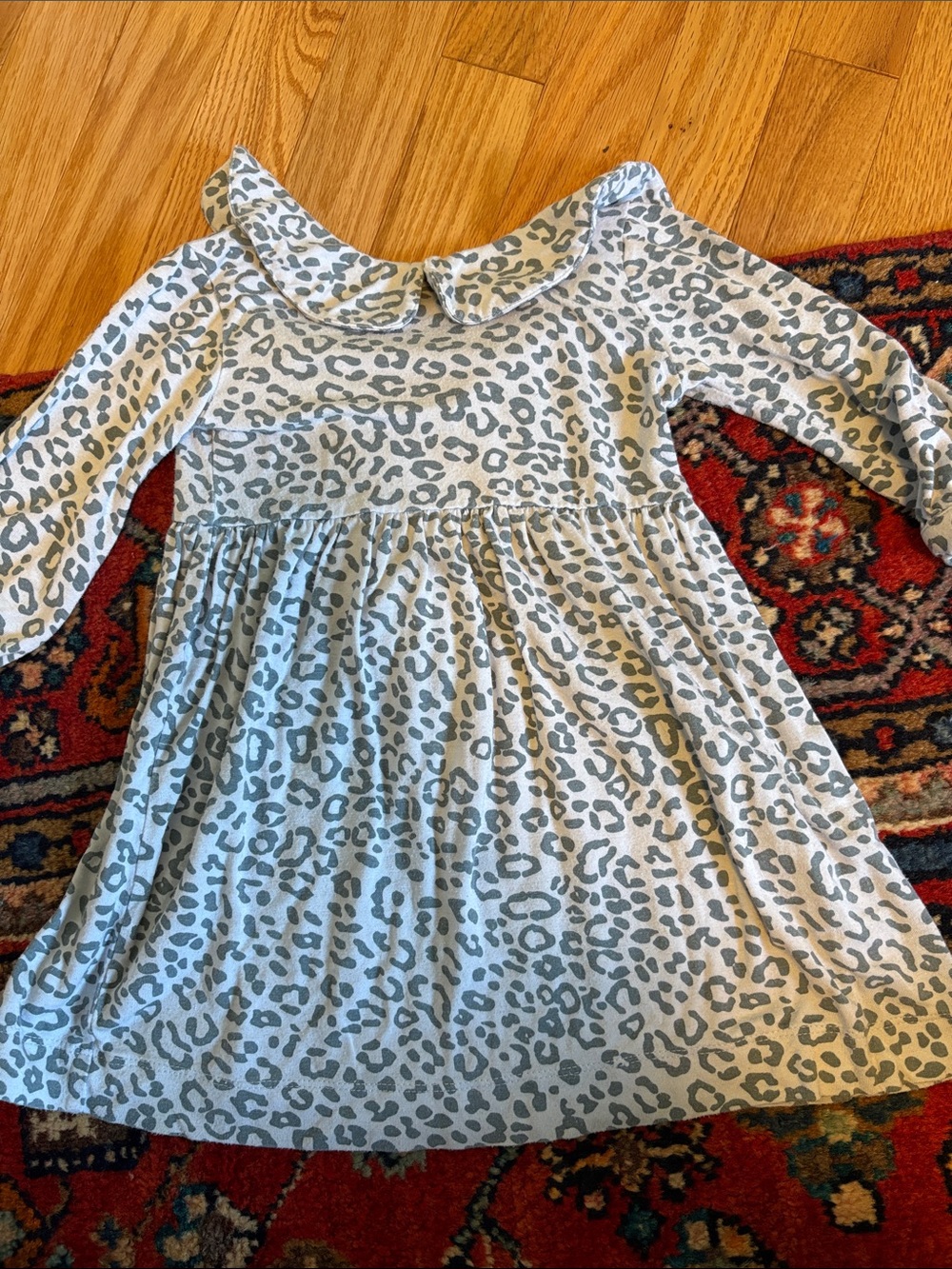kate quinn light blue bamboo Leopard Print 12-18 month dress and bloomer set.